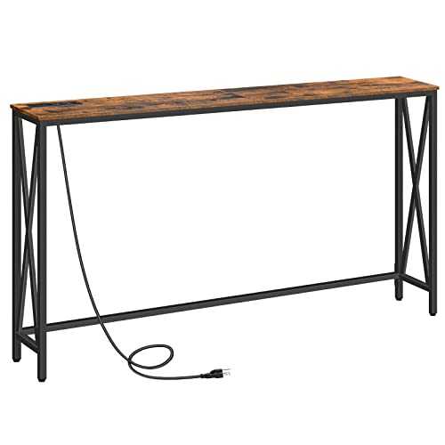 ALLOSWELL 55.1 Inches Console Table with Power Outlet, Narrow Sofa Table, Farmhouse Sofa Couch Table with Charging Station, Sturdy and Durable, for Entryway, Living Room, Foyer, Rustic Brown CTHR8301