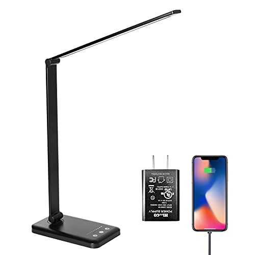 LED Desk Lamp,Eye-Caring Table Lamps,Stepless Dimmable Office Lamp with USB Charging Port,Touch/Memory/Timer Function,25 Brightness Lighting,Foldable Lamp for Reading,Studying,Working,Himigo