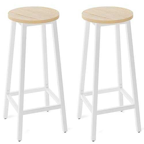 YMYNY Bar Stools Set of 2, Tall Breakfast Bar Stools with Footrest for Kitchen, Industrial Style, Wooden Look with Metal Frame for Dining Room, Party Room, 29 x 29 x 70CM, Natural & White HTMJ510R