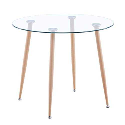 GOLDFAN Dining Table Modern Round Kitchen Table Glass Top and Wood Leg for Dining Room Kitchen,Transparent,90cm (Table Only)