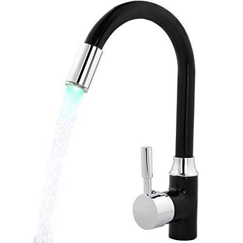 AIBOOSTPRO LED Kitchen Sink Mixer Tap, Spray 360 Degree Rotation Spout, with 3-Colour Temperature Display, Black Hose Single Handle Cold and Hot Water Brass Tap