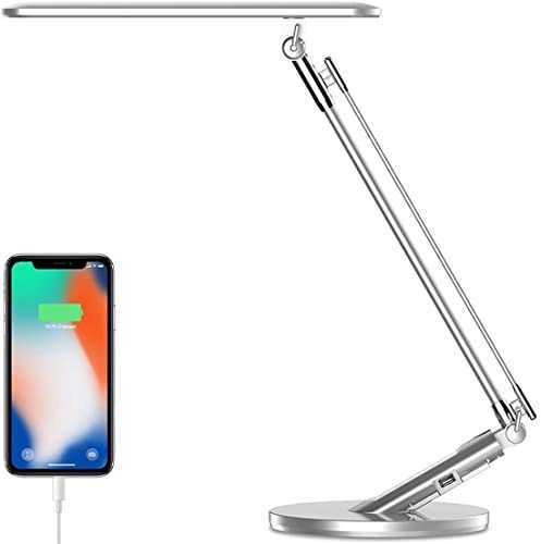 JUKSTG LED Desk Lamp, Eye-Caring Table Lamps,7 Brightness Levels Home Office Lamps with 4 Lighting Modes,USB Charging Port,1-H Auto Timer,Blue Light Filter,Touch Control,14W Reading Lamps,Silver