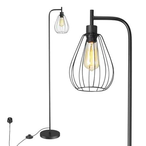 ArcoMead Industrial Floor Lamp, Black Standing Lamp Tall Pole Light with Teardrop Cage Head, Whole Metal Rustic Floor Lamp with Foot Switch for Bedroom, Living Room Farmhouse Office