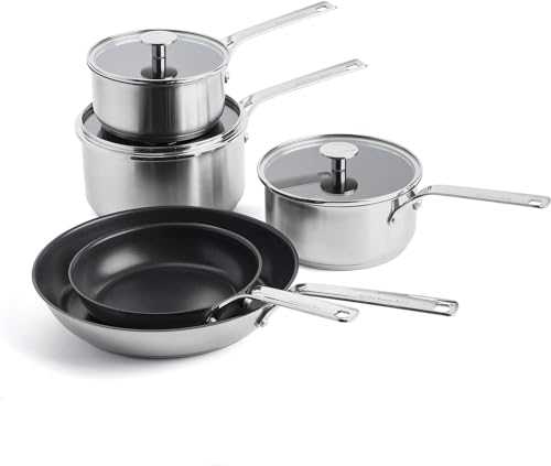KitchenAid Cookware Set, Stainless Steel Saucepan Set with Lids, 16/18/20 cm + 2 Frying Pans, 20/28 cm, 5pcs