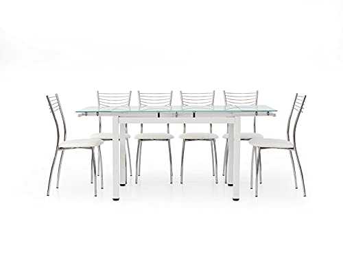 Rectangular Dining Table Extendable up to 170 cm, Glass top, White Metal Frame with 2 30 cm Extensions. Size 110x70x76 cm.