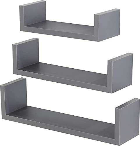 HOMION Floating Shelf Set Of 3 Different Sizes U Shape Wooden DIY Display Unit Shelves U shaped (Grey)