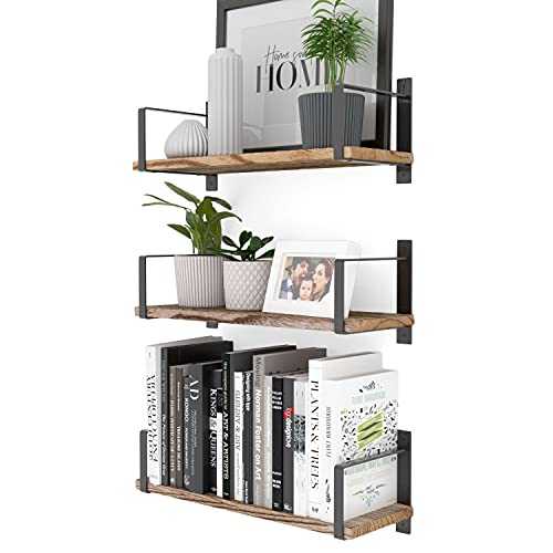Wallniture Toledo Floating Shelves for Living Room Decor, Floating Bookshelf Set of 3, Burned Finish Rustic Wood Wall Shelves