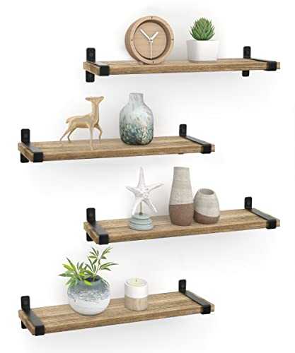 Gronda Wood Floating Shelves Wall Mounted Set of 4, Wooden Natural Shelves Rustic Decorations Display for Bedroom Living Room Bathroom Office Home Decor