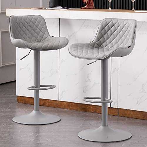 YOUTASTE Grey Bar Stools set of 2 Adjustable Padded Breakfast Bar Chairs with Back Modern PU Leather Barstools High Swivel Metal Bar Stools for Kitchen Counter Island