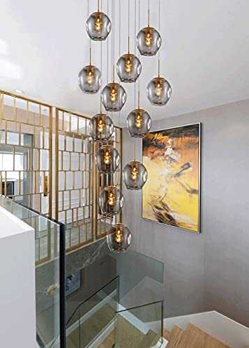 Duplex Hollow Living Room Loft Chandelier Modern Creative Hotel Villa Stairwell High Ceiling Pendant Light Minimalist Staircase Long Chandelier Customizable Glass Ball, Size 50x220cm(Color:Grey)
