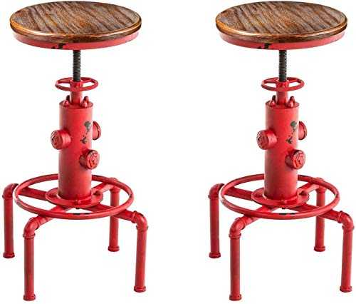 Topower American Antique Vintage Industrial Barstool Solid Wood Water Pipe Fire Hydrant Design Cafe Coffee Industrial Bar Stool Set of 2