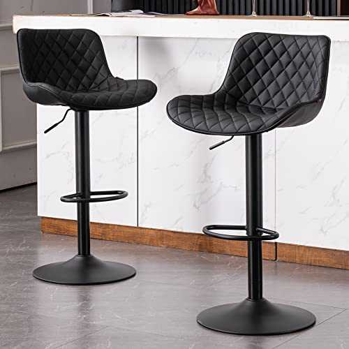 YOUTASTE Black Bar Stools Set of 2 Adjustable Breakfast Barstools with Backs Modern PU Leather Padded Bar Stool Swivel Gas Lift Metal Bar Chairs for Home Kitchen Counter Island