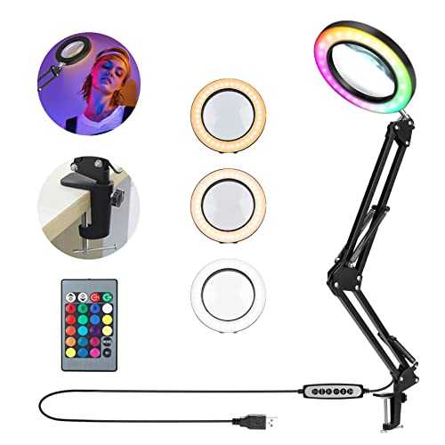 Bestcool 5X LED Magnifying Lamp, 18 Color Modes Magnifier with Light Hands Free 10 Dimmable Brightness Desk Lamp Adjustable Swivel Arm 3 Light Modes Led Lamp with Remote Control for Repair, Reading