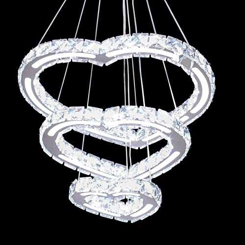 CXGLEAMING Modern Crystal Chandelier, Contemporary 3 Rings Heart-Shaped Led Ceiling Lights Fixtures Adjustabl Stainless Steel Hanging Pendant Lighting for Living Room Bedroom Restaurant Porch