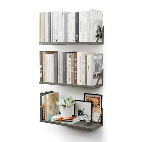 CASSA Wall Mounted Floating Book Shelves for Wall Set of 3, Grey Shelf Bookshelf for Bedroom Living Room Office Bathroom Kitchen Rustic Wood with Metal Bracket