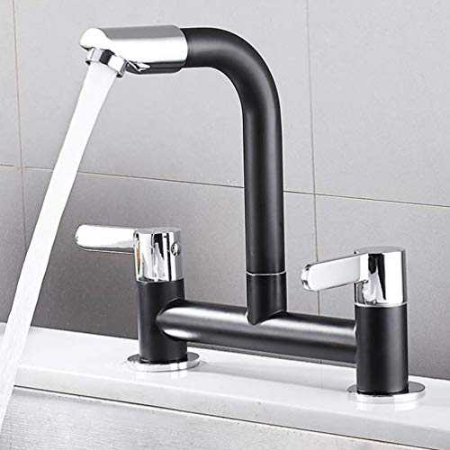 Kitchen Sink Mixer Taps 2 Hole Dual Lever 360 Swivel Basin Lever Taps Deck Mounted Kitchen Mixer Black Faucet Spout