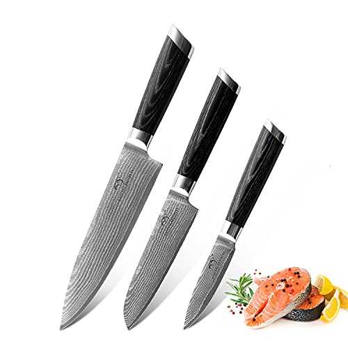 Damasus Premium Kitchen Knife Set of 3, Professional Kitchen Knife Set Sharp Blade with Wood Handle, Includes 8" Chef Knife,5" Santoku Knife and 3.5" Paring Knife