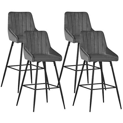 NOVECRAFTO Bar Stools Set of 4 - Seat Height 23.6'' (60cm) Featuring Grey Velvet Seat And Black Steel Frame With Footrest Base - Breakfast Bar Chair Set With Back