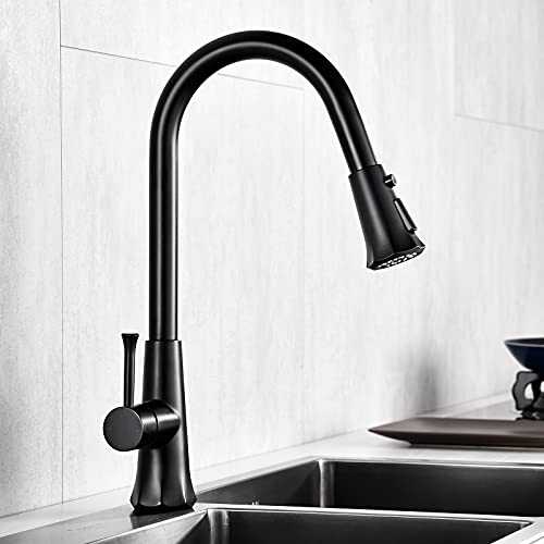 Kitchen Sink Mixer Tap with Pull Down Sprayer Black, NEWRAIN Single Lever Swivel Spout Kitchen Taps, Available Solid Brass
