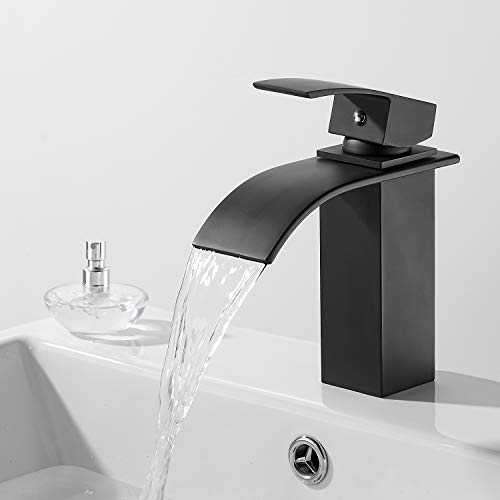 THEEIERCE Basin Sink Mixer Tap, Waterfall Bathroom Sink Taps, Single Lever Handle Basin Mixer Tap, Anti-Rust Sink Faucets with Cold and Hot Water Mark, Matt Black