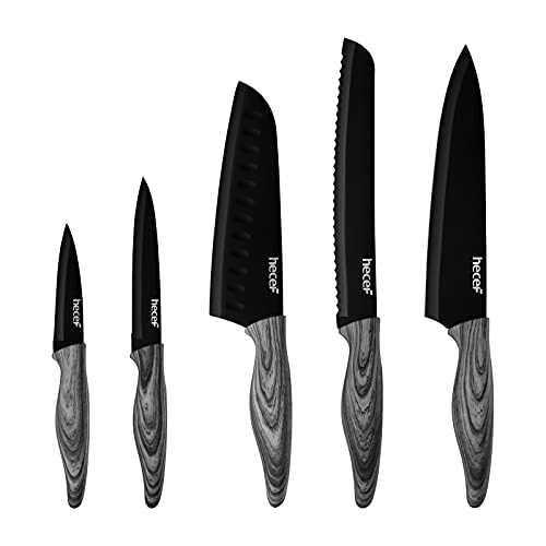 hecef Black Nonstick Coating Knife Set of 5 with Matching Blade Cover,Wood Pattern PP Handle