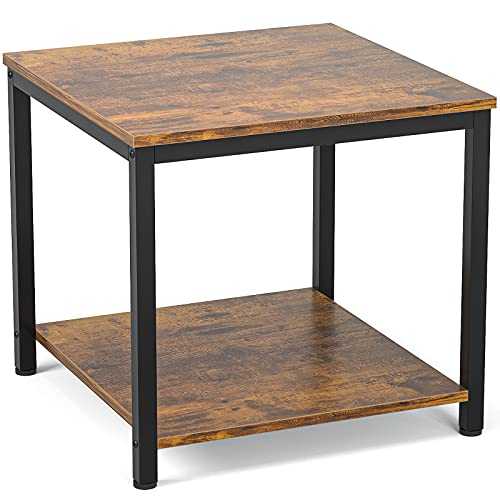 Side Table 20 Inch Square, Besiture 2-Tier Coffee Tea End Table Nightstands for Sofa Couch Bed, Metal Wood Accent Modern Simple Industrial Style Side Table for Living Room Bedroom, Rustic Brown