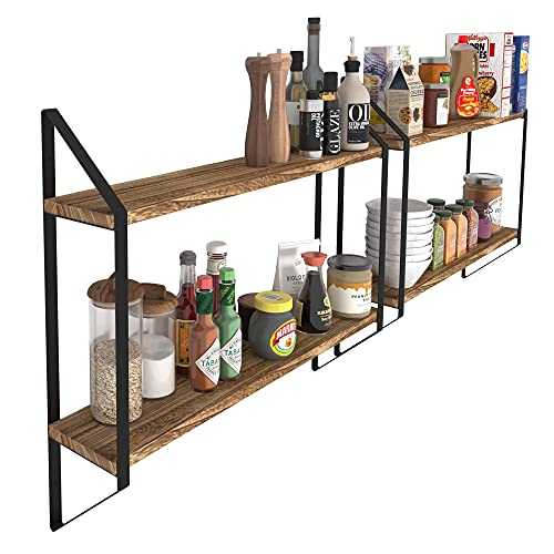 Wallniture Ponza 24 Inch Wood Floating Shelves for Wall, 2-Tier Kitchen Pantry Organization and Storage Shelves Set of 2, Natural Burned