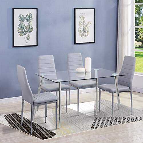 GOLDFAN Dining Table and Chairs Set 4 Rectangular Glass Kitchen Table and Faux Leather Padded Chairs Kitchen Dining Table Set, Grey
