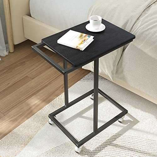 Novilla Sofa Side Table Living Room, C-Shaped Laptop End Table for Office, Industrial Style Metal Frame, Small Coffee Table with 4 Wheels and Handles, Bed Side Nightstand For Bedroom, Black