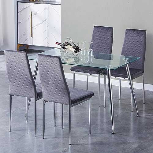GOLDFAN Glass Dining Table Set and 4 Velvet Backrest Chairs Modern Rectangle Kitchen Table Dining Room Set, 120cm, Diamond Grey