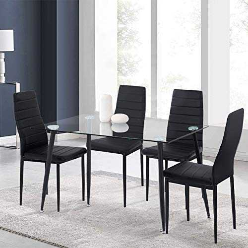GOLDFAN Glass Dining Table Set and 4 Leather Backrest Chairs Modern Rectangle Kitchen Table Dining Room Set, 120cm, Black