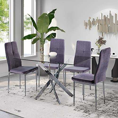GOLDFAN Glass Rectangle Dining Table and Chairs Set 4 Velvet Cushion Seat Kitchen Flannel Chairs Dining Table Set, Grey
