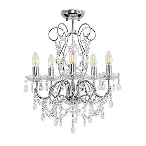 Modern 5 Way Silver Chrome Ceiling Light Chandelier Fitting with Clear K5 Genuine Lead Crystal Droplets