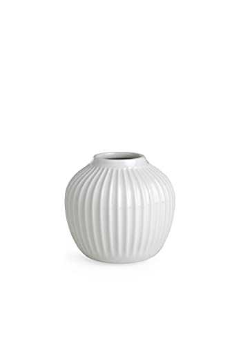 Kähler Hammershoi Porcelain Vase with Grooves, Modern Vase, Round, Bulbous, Scandinavian Design Vase for Flowers, White, 13 cm