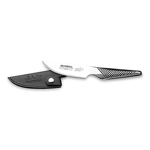 Global Michel Roux Jnr Selection 11cm All-Purpose Knife, CROMOVA 18 Stainless Steel, with Leather Sheath, Silver