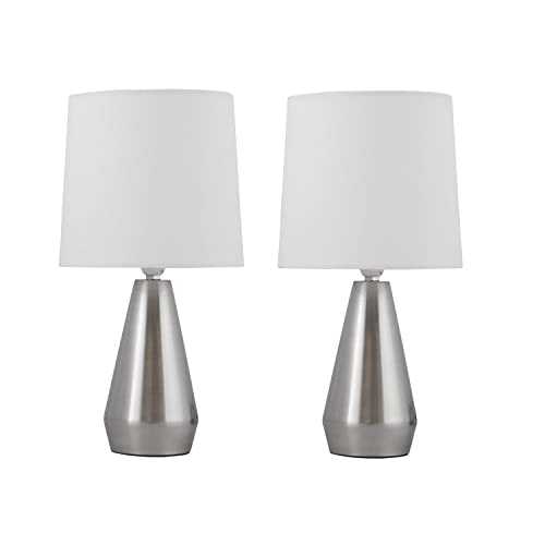 Set of Two Modern Brushed Chrome Touch Table Lamps with Ivory Shades