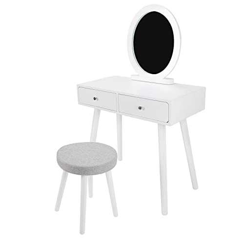 LCSA Modern Dressing Table Cushion Stool Set Makeup Desk w/ 2 Drawers & Mirror Tidy Dressing Tables