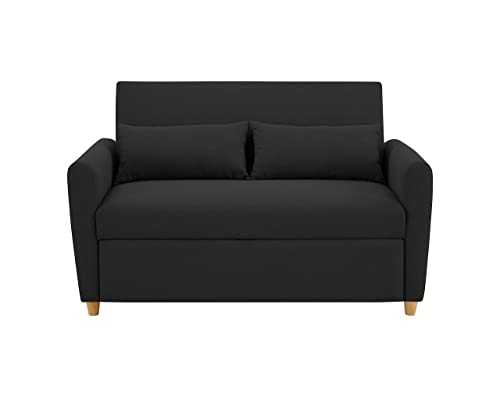 Modern Contemporary Space Saving Comfortable 2 Seater Sofa Bed Furniture Folding Easy Pull Out Full Size Double Bed BLACK Fabric Thick Foam Cushions Settee Couch Pull-Out Sofabed