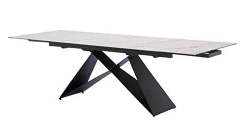 Casa Vital Geoda Extendable Dining Table, 180/260 x 90 x 76 cm, White, Glass and Ceramic Combination Tabletop, Two 40 cm Extension Plates, Black Metal Legs, 50 kg Weight Load