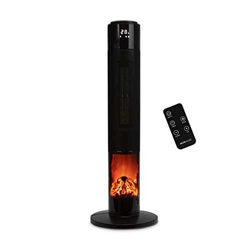 MONHOUSE Oscillating Tower Fan Heater with Fireplace 33 inches - Portable PTC Ceramic Electric Heater with LCD Display, Remote Control, Overheat Protection and Safety tip-over Switch - Black