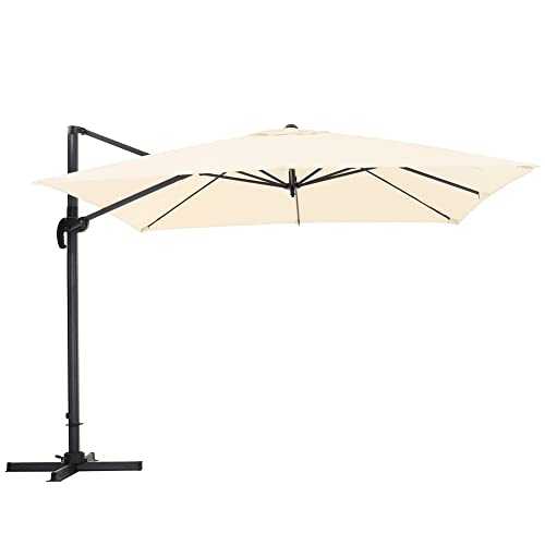 The Fellie Large 360° Rotation Garden Umbrella Parasol, Outdoor Cantilever Hanging Sun Shade Canopy with Cross Base, Adjustable Angle Patio Banana Umbrella, UPF 30+ UV Protection, 3M-Beige