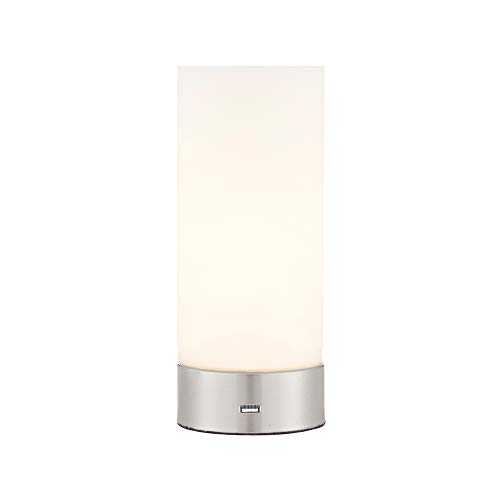 Dasha Modern Brushed Nickel & Frosted Glass Cylinder Bedside Touch Dimmable Touch Sensitive Control Table Lamp with USB Charging Port - Perfect for Mobile Phones, Tablets & Other Devices