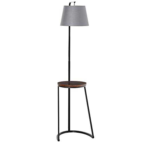 HOMCOM 165cm Unique Floor Lamp & Middle Wood Shelf Industrial Style Steel Frame Curved Base Home Office Lighting Storage Brown&Black