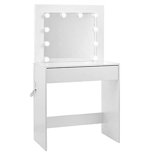 EUGAD White Dressing Table with Large LED Mirror & 1 Large Drawer Under the Makeup Bedroom Desk Dresser
