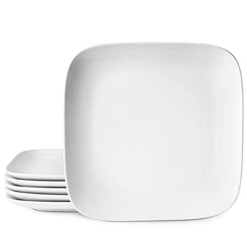 DOWAN Dinner Plates, 10.6 inch Porcelain Square Dinner Plates Set of 6, White Serving Plates for Dinner, Dessert, Salad, Food and Christmas Party Use, Dishwasher & Microwave Safe