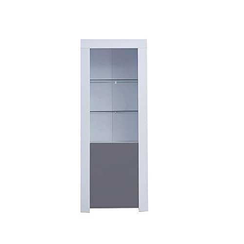 Panana High Gloss Tall Display Cabinet Wood Cupboard Sideboard Free Standing Storage Unit with Glass Shelves Door Blue LED Lights Living Room Grey and White