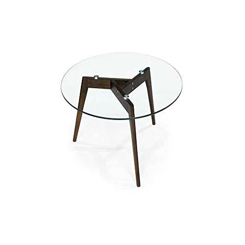 Round Tempered Glass End Table, Round Mid Century Coffee Table, Minimalist Small Coffee Table for Small Spaces Living Room Office, with Triskele Walnut Wood Legs (23.6" D x 17.7" H)