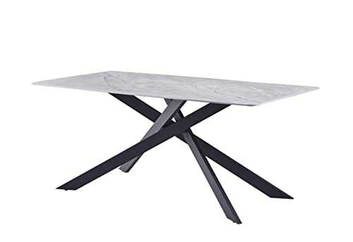 Geranium 18 Dining Table, Grey, MDF and Sintered Stone, Marble Surface, Black Metal Legs, Powder-Coated, 180 x 90 x 75 cm