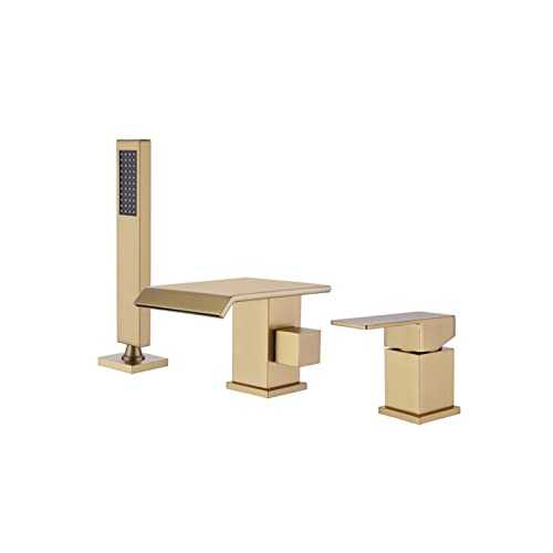 3-Hole Bathtub Tap Waterfall Bath Taps Gold Bathroom Taps with Hand Held