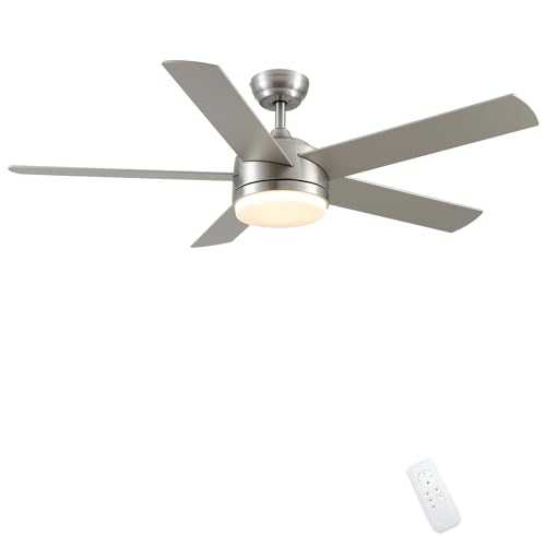 CJOY Ceiling Lamp with Fan, Ceiling Fan with Light and Remote Control Sand Nickel 52 Inches AC Motor Plywood / 5 Blades Led Lamp 24W + Glass Cover for Bedromm Living Romm
